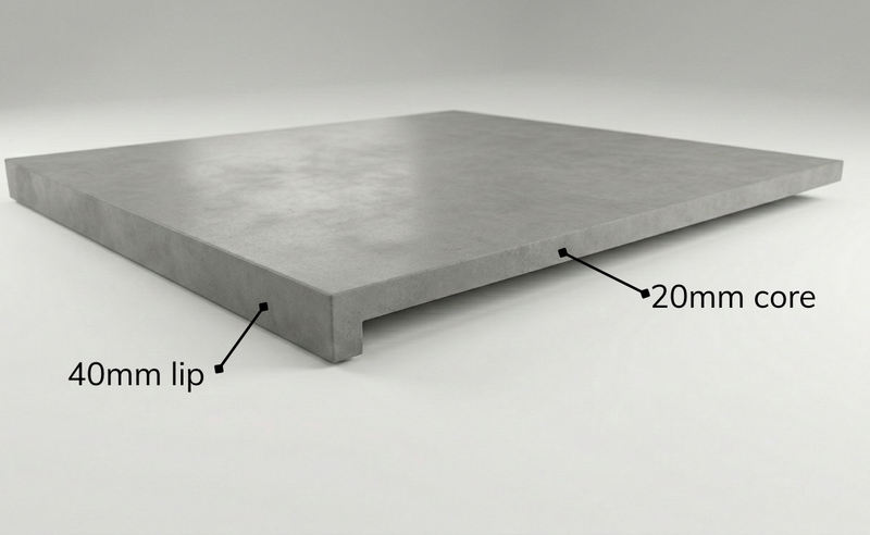 Cross-section diagram showing 20mm core with 40mm lip